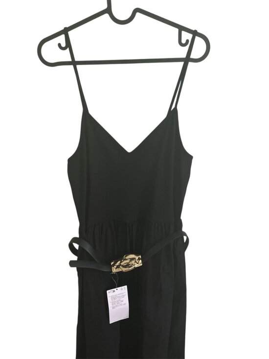 Zara Black Belted Midi Dress Large V-Neck Spaghetti Strap Organic Cotton NWT - Picture 6 of 10